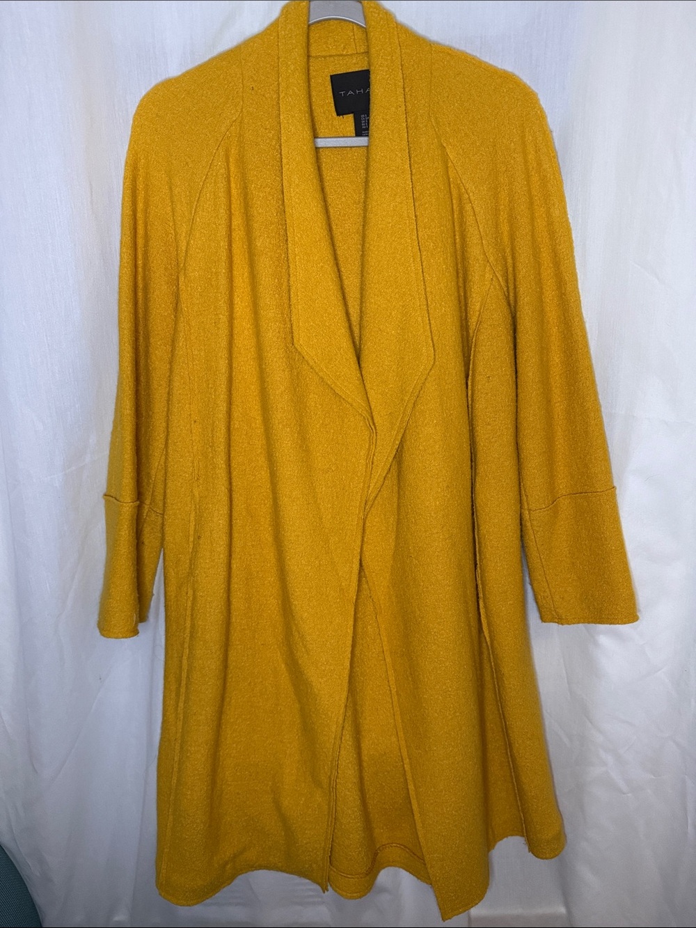 Tahari Mustard Open Front Shawl Collar Wool Blend Coat